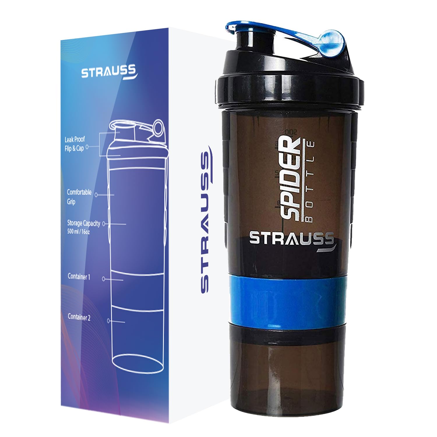 STRAUSS Spider Gym Shaker Bottle Shakers for Protein Shake with St
