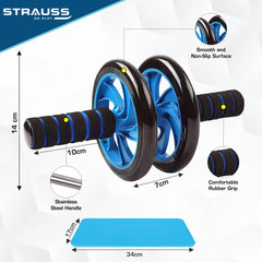 Strauss Double Wheel Ab Exerciser With Knee Mat | Anti Skid Wheel Base,Non Slip Foam Handles & Dual Abdominal Exercise | Core Workout | Ideal For Home Workout for Abs, Tummy, (Blue)
