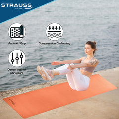 Strauss TPE Yoga Mat | Exercise Mat For Home Workout, Gym and Yoga Sessions | Anti Slip Gym Mat | Workout Mat For Men, Women and Kids | Yoga Mat With Carry Strap | Thickness: 4MM,(Orange)