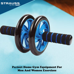 Strauss Double Wheel Ab Exerciser With Knee Mat | Anti Skid Wheel Base,Non Slip Foam Handles & Dual Abdominal Exercise | Core Workout | Ideal For Home Workout for Abs, Tummy, (Blue)