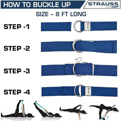 Strauss Yoga Strap & Stretching Belt | Ideal for Yoga, Pilates, Therapy, Dance, Gymnastics & Flexibility | 60% Thicker Belt with Extra Safe Adjustable Metal D-Ring Buckle | 8 feet (Blue) | Pack of 12