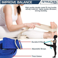 Strauss Yoga Strap & Stretching Belt | Ideal for Yoga, Pilates, Therapy, Dance, Gymnastics & Flexibility | 60% Thicker Belt with Extra Safe Adjustable Metal D-Ring Buckle | 8 feet (Blue) | Pack of 3