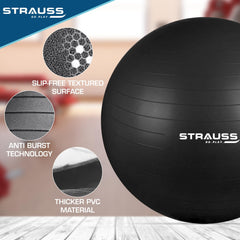 STRAUSS Anti-Burst Rubber Gym Ball with Free Foot Pump | Round Shape Swiss Ball for Exercise, Workout, Yoga, Pregnancy, Birthing, Balance & Stability, 75 cm, (Black)
