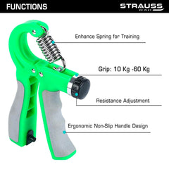 Strauss Adjustable Hand Grip with Smart Counter | Adjustable Resistance (10KG - 60KG) | Hand Gripper for Home & Gym Workouts | Perfect for Finger & Forearm Hand Exercises for Men & Women (Green)