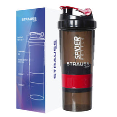 STRAUSS Spider Gym Shaker Bottle | Shakers for Protein Shake with 2 Storage Compartment | Leakproof Gym Protein Shaker for Post and Pre-Workout Drink | 100% BPA Free (500 ML, Pack of 1,Red)
