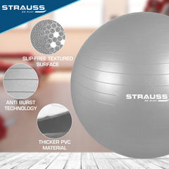 STRAUSS Anti-Burst Rubber Gym Ball with Free Foot Pump | Round Shape Swiss Ball for Exercise, Workout, Yoga, Pregnancy, Birthing, Balance & Stability, 75 cm, (Grey)