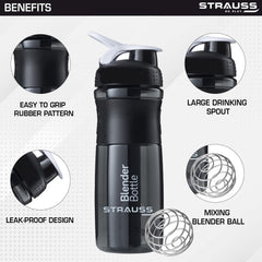 STRAUSS Blender Shaker Bottle | Leakproof Shaker Bottle for Protein Shake, Pre-workout and Bcaa Shake | Protein Shaker Bottle for Gym | Ideal for Men and Women | BPA-Free Material- 760 ML,(Black)