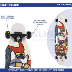 STRAUSS Spunkz Skateboard/Penny Skateboard/Casterboard/Hoverboard | Anti-Skid Board with ABEC-7 High Precision Bearings | PU Wheel with Light |Ideal for All Skill Level (28 X 6 Inch), (Smart Dog)