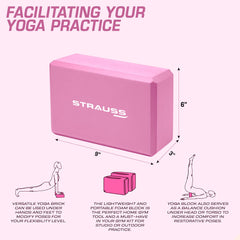 Strauss High Density EVA Foam Yoga Block | Non-Slip Workout Brick For Improving Poses, Balances Flexibility & Support Strength Training Exercises | Yoga Brick To Support and Deepen Yoga Poses,(Pink)