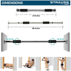 Strauss Chin Up Door Bar | Pull Up Bars For Home Workout with Palm Pad and Anti-skid Grip | Door Way Adjustable Length Hanging Rod Without Screw | Hanging Bar for Pull-ups,Push ups & Chin ups,(Silver)