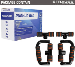 Strauss Moto Push-Up Bar, Pair|Non-Slip,Sturdy Exercise Equipment for Home or Gym Workout|Ideal for Upper Body Strength Training,Muscle Building,Push-Ups & Planks|Portable Gym Equipment,(Black/Orange)