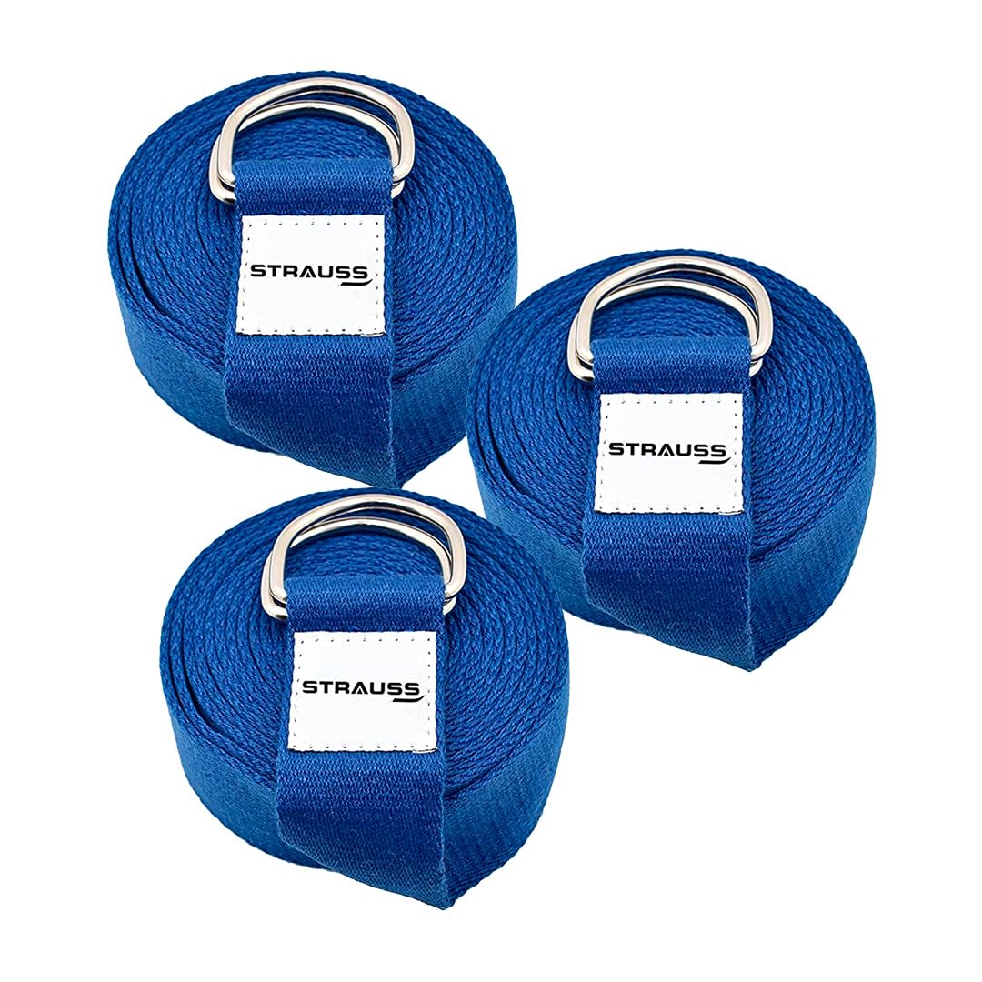 Strauss Yoga Strap & Stretching Belt | Ideal for Yoga, Pilates, Therapy, Dance, Gymnastics & Flexibility | 60% Thicker Belt with Extra Safe Adjustable Metal D-Ring Buckle | 8 feet (Blue) | Pack of 3