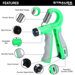 Strauss Adjustable Hand Grip with Smart Counter | Adjustable Resistance (10KG - 60KG) | Hand Gripper for Home & Gym Workouts | Perfect for Finger & Forearm Hand Exercises for Men & Women (Green)