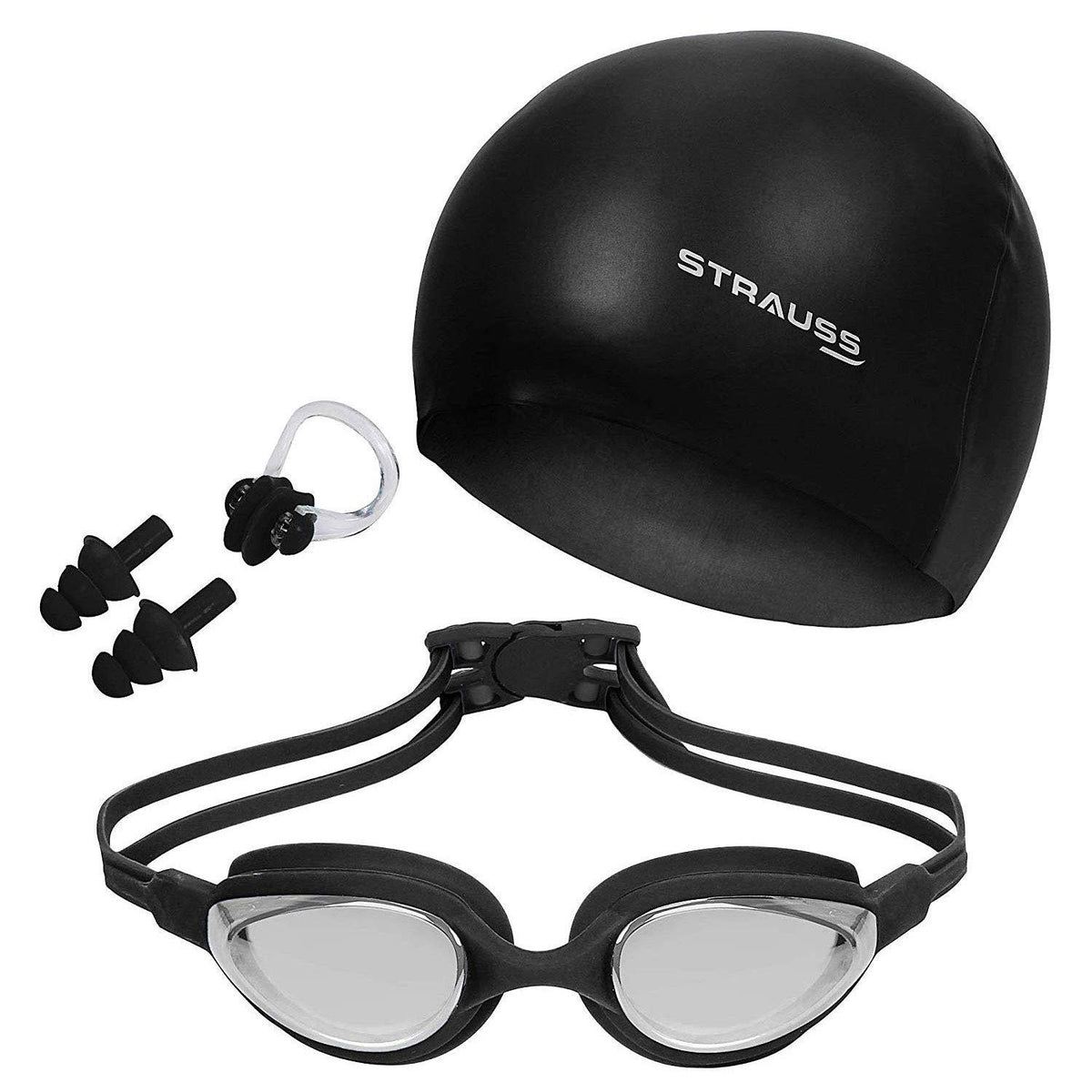 STRAUSS Swimming Goggles Set with UV and Anti Fog Protection | Swimming Kit of Goggles,Cap,Earplug & Nose Plug Set - Ideal for All Age Group | Fully Adjustable | (Black)