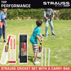 Strauss Cricket Kit |Popular Willow Cricket Bat with 3 Stumps, Holder, 1 Ball, Carry Bag|Complete Junior Cricket Kit |Cricket Kit for Training and Matches |Cricket Starter Kit for Young Players|Size 3