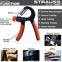 STRAUSS Heavy-Duty Plastic Adjustable Hand Grip Strengthener (Black/Orange) and Moto Push Up Bar, Pair (Black/Blue)