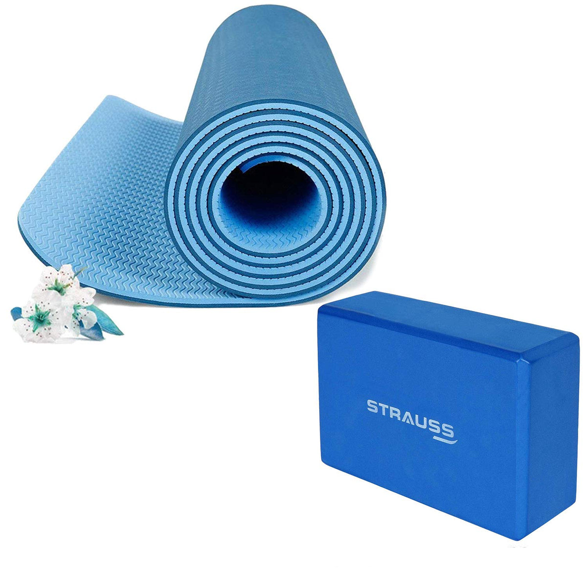 Strauss TPE Eco Friendly Dual Layer Yoga Mat, 6mm (Blue) and Yoga Block (Navy)