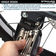 Strauss Bicycle Repair Tool Kit | 16-in-1 Multi-Purpose Set with Screwdrivers, Wrenches, Spanners, Nail Puller & Extension Rod | Portable & Compact Cycling Maintenance Equipment for Bike