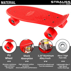 STRAUSS Cruiser PW Skateboard| Penny Skateboard | Casterboard | Hoverboard | Anti-Skid Board with ABEC-7 High Precision Bearings | PU Wheel with Light |Ideal for All Skill Level | 22 X 6 Inch,(Red)