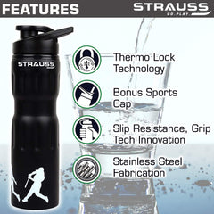 STRAUSS Stainless-Steel Water Bottle | Water Bottles for School, Office, Home & Gym | Leak Proof and BPA Free Gym Bottle | Easy to Carry | Water Bottle for Men & Women | 750 ML, (Black)