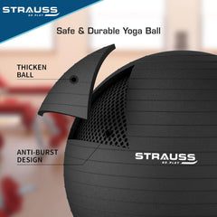STRAUSS Anti-Burst Rubber Gym Ball with Free Foot Pump | Round Shape Swiss Ball for Exercise, Workout, Yoga, Pregnancy, Birthing, Balance & Stability, 75 cm, (Black)