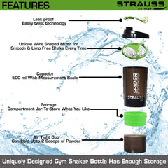 STRAUSS Spider Gym Shaker Bottle | Shakers for Protein Shake with 2 Storage Compartment | Leakproof Gym Protein Shaker for Post and Pre-Workout Drink | 100% BPA Free (500 ML, Pack of 1,Green)
