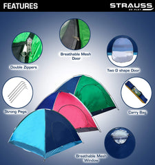STRAUSS Portable Camping Tent | 5-10 Minutes Easy Setup | Waterproof and Windproof Tent for Camping | Superior Air Ventilation| Ideal for 4 Persons,(Blue and Green)
