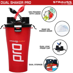 STRAUSS Dual Shaker Pro | Pre & Post Protein Shake On the Go | Leakproof and BPA-Free Material | Dual Shaker Bottle | Protein Shaker Bottle for Gym | Suitable for Both Men and Women, 700ml,(Red)