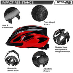 Strauss Adjustable Cycling Helmet with Detachable Visor | Light Weight with Superior Ventilation | Mountain, Road Bike & Skating Helmet | Ideal for Adults and Kids, (Black/Red)