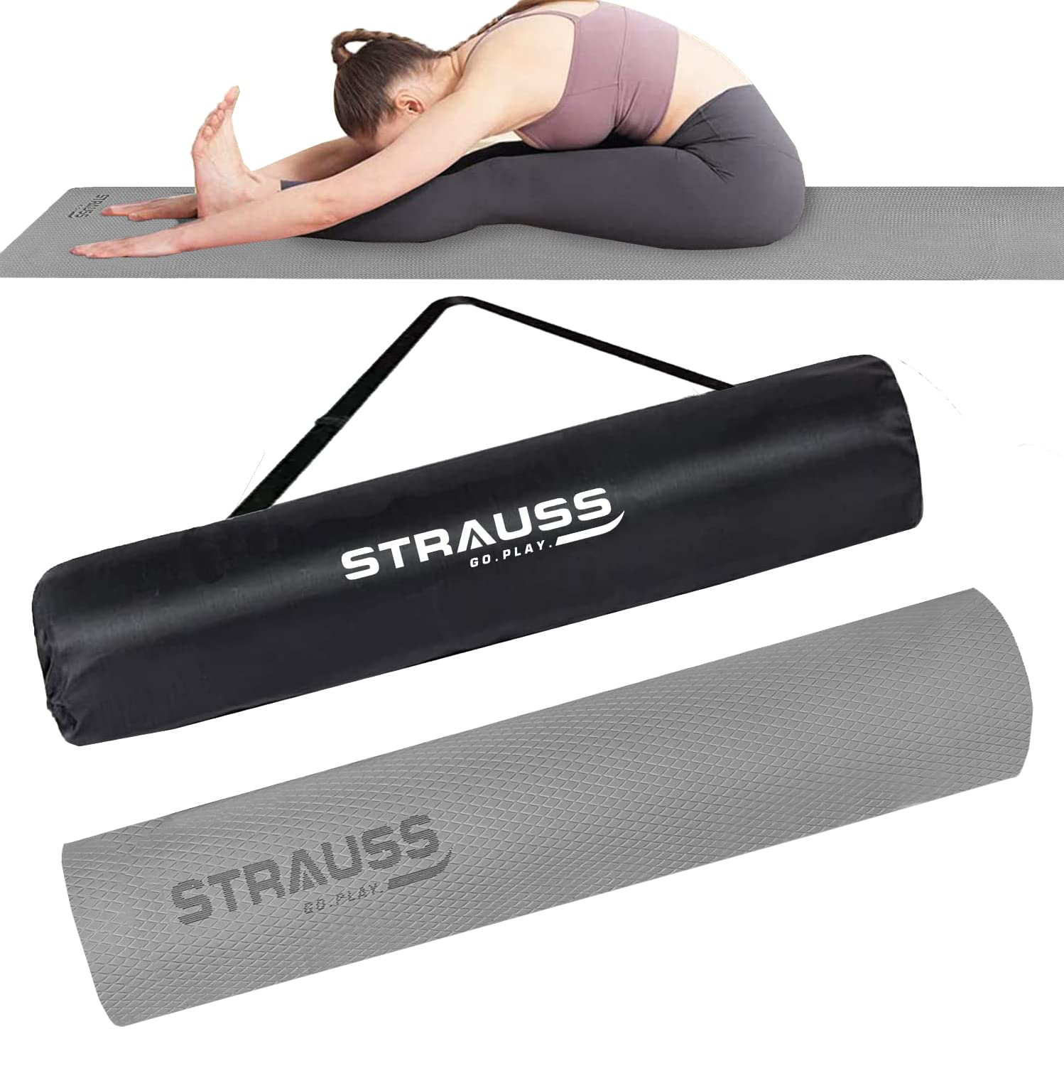 Strauss Anti Skid EVA Yoga Mat with Carry Bag, 8mm, (Grey) – StraussSport