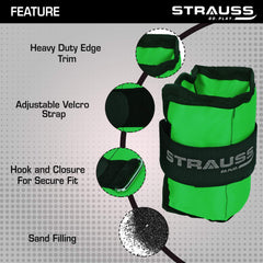 Strauss Adjustable Ankle/Wrist Weights 1 KG X 2 | Ideal for Walking, Running, Jogging, Cycling, Gym, Workout & Strength Training | Easy to Use on Ankle, Wrist, Leg, (Green)