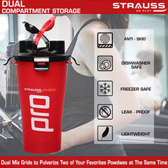 STRAUSS Dual Shaker Pro | Pre & Post Protein Shake On the Go | Leakproof and BPA-Free Material | Dual Shaker Bottle | Protein Shaker Bottle for Gym | Suitable for Both Men and Women, 700ml,(Red)