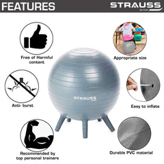 STRAUSS Anti-Burst Rubber Gym Ball Stability Legs with Free Foot Pump | Round Shape Swiss Ball for Exercise, Workout, Yoga, Pregnancy, Birthing, Balance & Stability, 55 cm, (Grey)