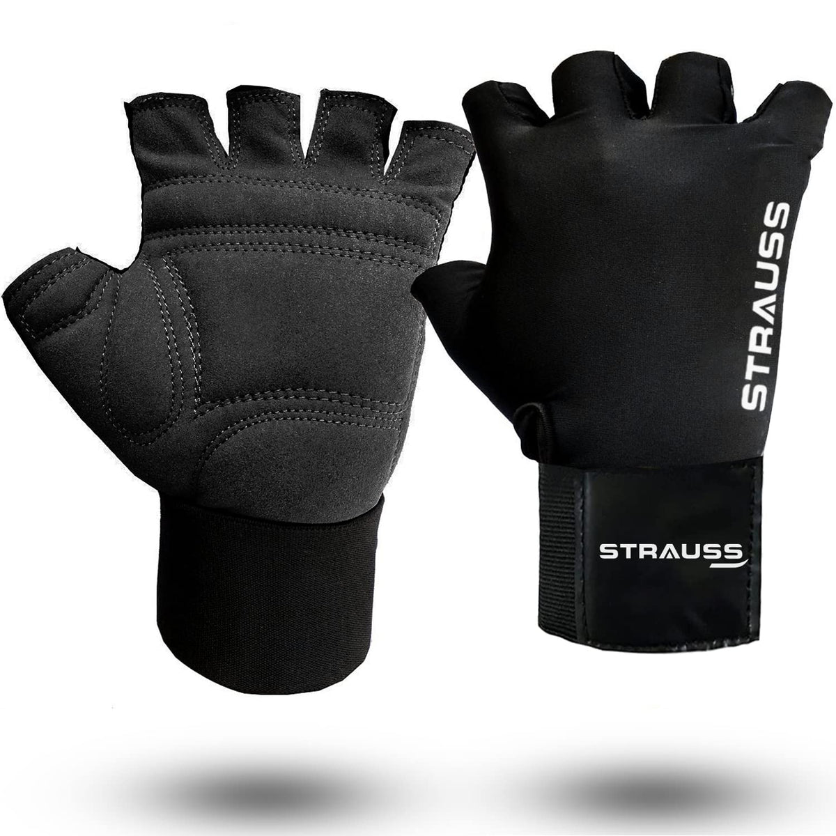 STRAUSS Suede Gym Gloves for Weightlifting, Training, Cycling, Exercise & Gym | Half Finger Design, 8mm Foam Cushioning, Anti-Slip & Breathable Lycra Material, (Black), (Large)