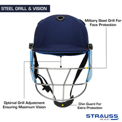 Strauss Cricket Helmet | Steel Grill | Edition: Classic | Size: Medium | Age: 15+yrs | Color: Blue | for Men, Women | Lightweight | Advance Protection | Leather Ball Cricket Helmet