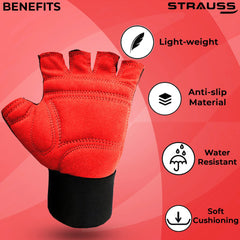 STRAUSS Suede Gym Gloves for Weightlifting, Training, Cycling, Exercise & Gym | Half Finger Design, 8mm Foam Cushioning, Anti-Slip & Breathable Lycra Material, (Red/Black), (Large)