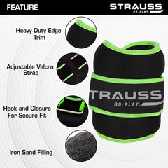 Strauss Round Shape Adjustable Ankle Weight/Wrist Weights 2 KG X 2 | Ideal for Walking, Running, Jogging, Cycling, Gym, Workout & Strength Training | Easy to Use on Ankle, Wrist, Leg, (Green)