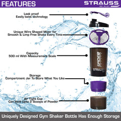 STRAUSS Spider Gym Shaker Bottle | Shakers for Protein Shake with 2 Storage Compartment | Leakproof Gym Protein Shaker for Post and Pre-Workout Drink | 100% BPA Free (500 ML, Pack of 1,Purple)