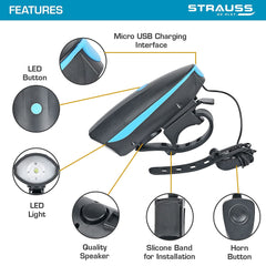 Strauss Bicycle LED Headlight with Horn | Horn Lamp, Bike Headlight & Bicycle Horn | Rechargeable Universal Adjustable Front Head Light | 2 in 1 Device,(Blue)