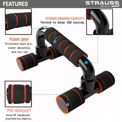 Strauss Moto Push-Up Bar, Pair|Non-Slip,Sturdy Exercise Equipment for Home or Gym Workout|Ideal for Upper Body Strength Training,Muscle Building,Push-Ups & Planks|Portable Gym Equipment,(Black/Orange)