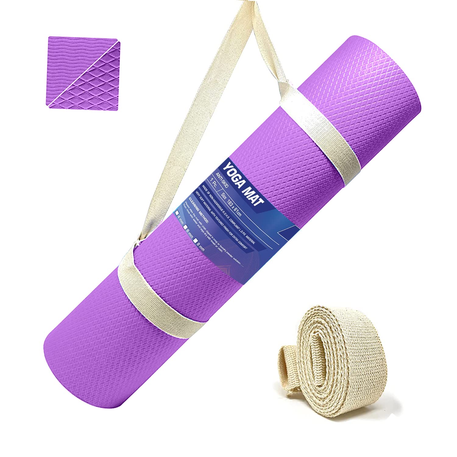 Strauss Anti Skid EVA Yoga Mat with Carry Strap, 4mm, (Purple