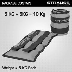 Strauss Adjustable Ankle/Wrist Weights 5 KG X 2 | Ideal for Walking, Running, Jogging, Cycling, Gym, Workout & Strength Training | Easy to Use on Ankle, Wrist, Leg, (Grey)
