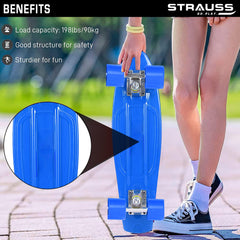 STRAUSS Cruiser PW Skateboard| Penny Skateboard | Casterboard | Hoverboard | Anti-Skid Board with ABEC-7 High Precision Bearings | Ideal for All Skill Level | 22 X 6 Inch,(Blue)