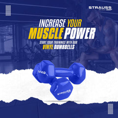 Strauss Premium Vinyl Dumbbells Weight for Men & Women | 1.5 Kg (Each) | 3 Kg (Pair) | Ideal for Home Workout, Yoga, Pilates, Gym Exercises | Non-Slip, Easy to Hold, Scratch Resistant (Blue)