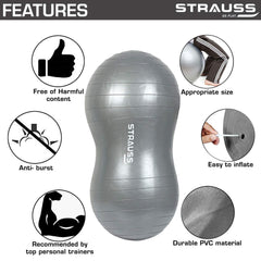 STRAUSS Anti-Burst Rubber Peanut Shape Gym Ball with Free Foot Pump | Round Shape Swiss Ball for Exercise, Workout, Yoga, Pregnancy, Birthing, Balance & Stability, 95x45 cm, (Grey)