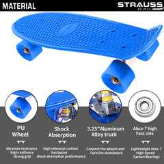 STRAUSS Cruiser PW Skateboard| Penny Skateboard | Casterboard | Hoverboard | Anti-Skid Board with ABEC-7 High Precision Bearings | Ideal for All Skill Level | 22 X 6 Inch,(Blue)
