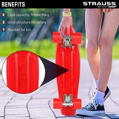 STRAUSS Cruiser PW Skateboard| Penny Skateboard | Casterboard | Hoverboard | Anti-Skid Board with ABEC-7 High Precision Bearings | PU Wheel with Light |Ideal for All Skill Level | 22 X 6 Inch,(Red)