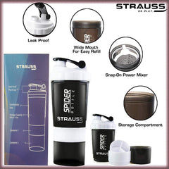 STRAUSS Spider Gym Shaker Bottle | Shakers for Protein Shake with 2 Storage Compartment | Leakproof Gym Protein Shaker for Post and Pre-Workout Drink | 100% BPA Free (500 ML, Pack of 1,White)