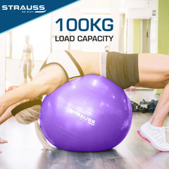 STRAUSS Anti-Burst Rubber Gym Ball with Free Foot Pump | Round Shape Swiss Ball for Exercise, Workout, Yoga, Pregnancy, Birthing, Balance & Stability, 55 cm, (Purple)