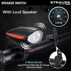 Strauss Bicycle LED Headlight with Horn | Rechargeable Front Bike Light & Horn Combo | Universal Adjustable Lamp for Cycling Safety | Horn & Headlight Functionality | 2-in-1 Device,(Red)